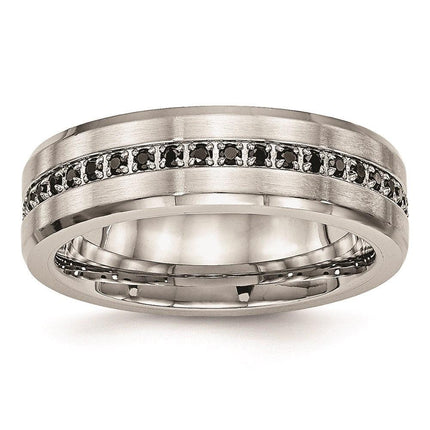 Stainless Steel Brushed and Polished Black CZ Ring ,
