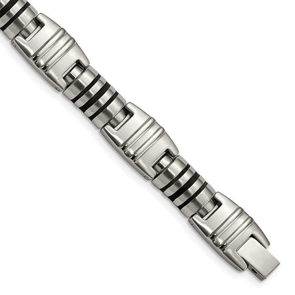 Stainless Steel Brushed and Polished Black Enamel Link Bracelet ,