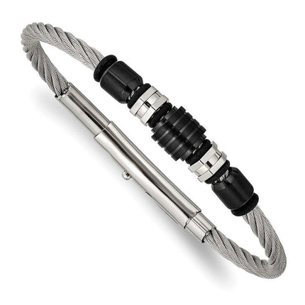 Stainless Steel Brushed & Polished Black IP & Rubber Adj.8 to 8.75in Bracel ,
