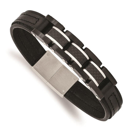 Stainless Steel Brushed & Polished Black IP Carbon Fiber Leather Bracelet ,