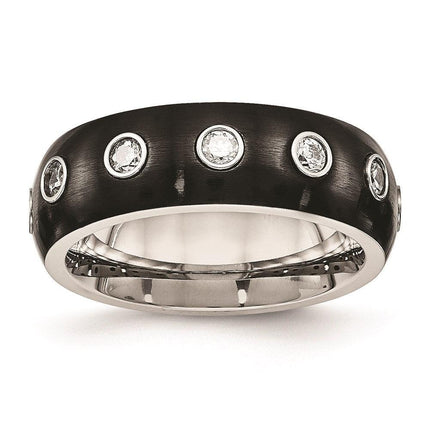 Stainless Steel Brushed and Polished Black IP CZ Half Round Ring ,