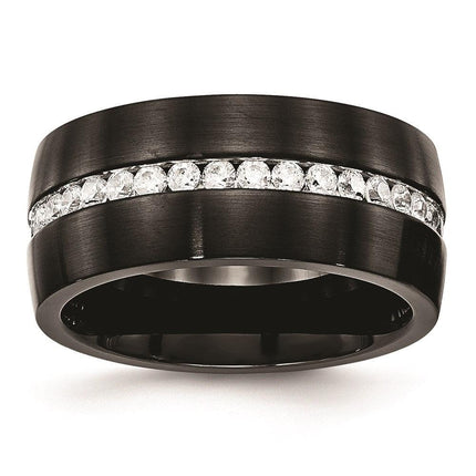 Stainless Steel Brushed and Polished Black IP CZ Ring ,