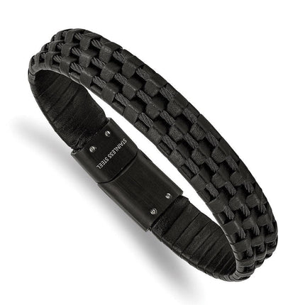 Stainless Steel Brushed and Polished Black IP Leather and Wire Bracelet ,