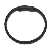 Stainless Steel Brushed and Polished Black IP Leather and Wire Bracelet ,