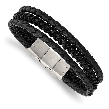 Stainless Steel Brushed & Polished Black IP Leather w/.5in ext Bracelet ,