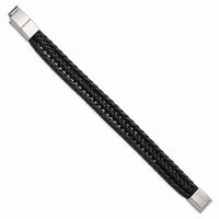 Stainless Steel Brushed & Polished Black IP Leather w/.5in ext Bracelet ,