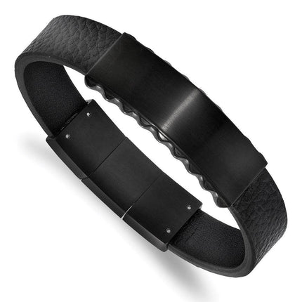 Stainless Steel Brushed & Polished Black IP Leather w/.5in ext. ID Bracelet ,