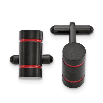Stainless Steel Brushed & Polished Black IP-plated w/Red Enamel Cuff Links ,