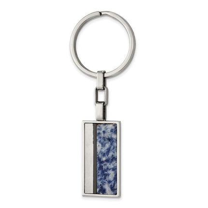 Stainless Steel Brushed and Polished Black IP w/Blue Spot Stone Key Ring ,