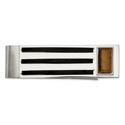 Stainless Steel Brushed and Polished Black IP w/Tiger's Eye Money Clip ,