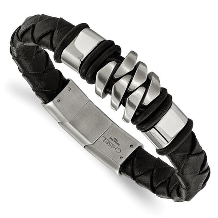Stainless Steel Brushed and Polished Black Leather (.5in extra link) Bracel ,
