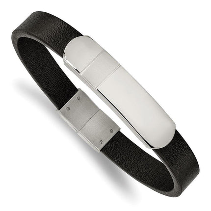 Stainless Steel Brushed and Polished Black Leather 8.5in ID Bracelet ,