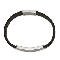 Stainless Steel Brushed and Polished Black Leather 8.5in ID Bracelet ,