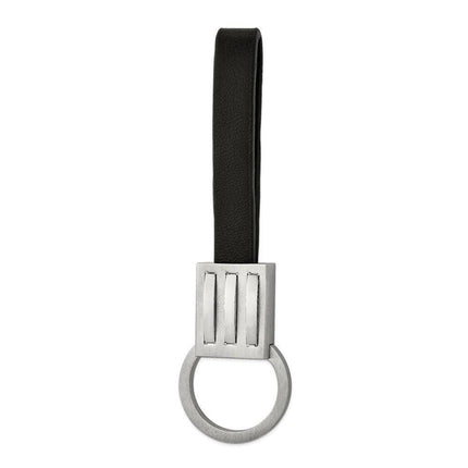 Stainless Steel Brushed and Polished Black Leather Key Ring ,