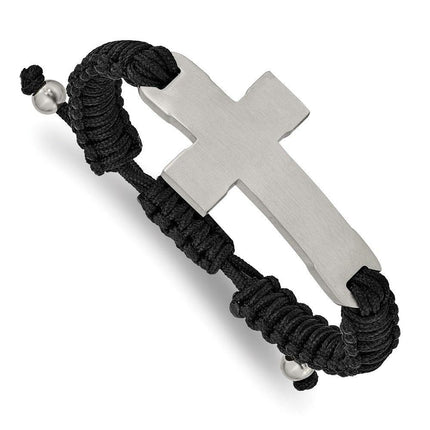 Stainless Steel Brushed and Polished Black Nylon Adjustable Cross Bracelet ,