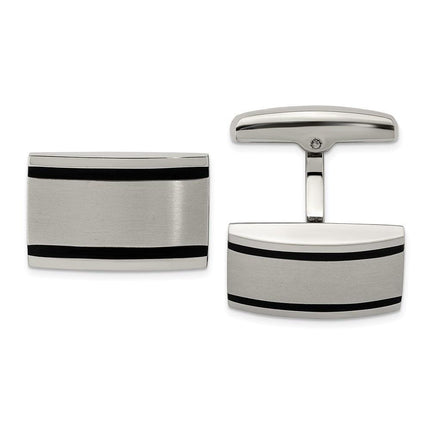 Stainless Steel Brushed and Polished Black Rubber Rectangle Cufflinks ,