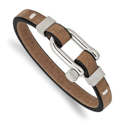 Stainless Steel Brushed and Polished Black/Brown Leather 7.75in Bracelet ,