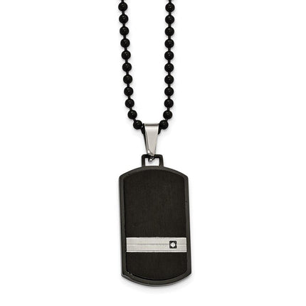 Stainless Steel Brushed and Polished Blk IP CZ Dogtag Necklace ,