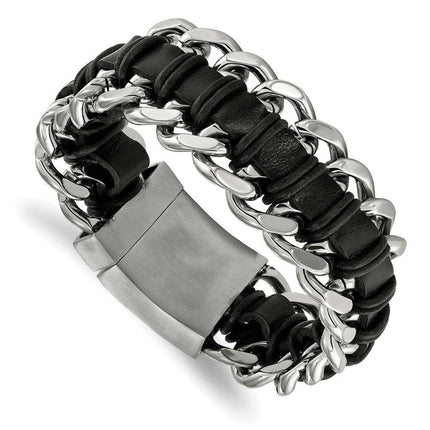 Stainless Steel Brushed and Polished Blk Leather Bracelet ,