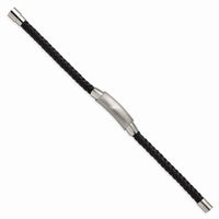 Stainless Steel Brushed and Polished Braided Black Leather 8.25in Bracelet ,