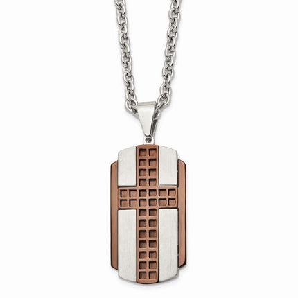 Stainless Steel Brushed & Polished Brown IP-plated Cross Necklace ,