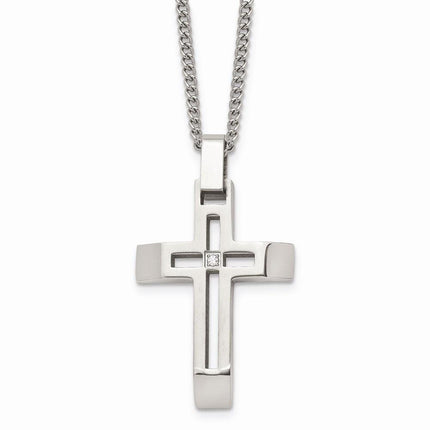 Stainless Steel Brushed and Polished Cross with CZ Necklace ,