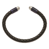 Stainless Steel Brushed & Polished Dark Grey IP Blk Leather Flexible Bangle ,