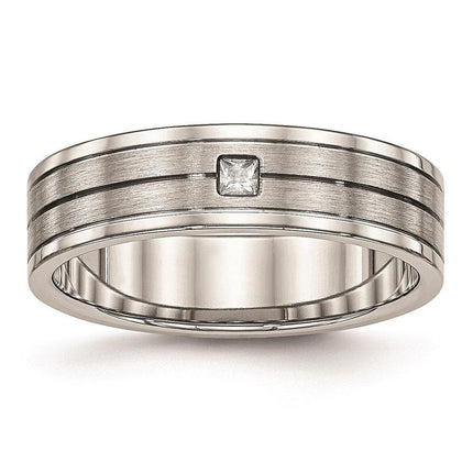 Stainless Steel Brushed and Polished Grooved CZ Ring ,