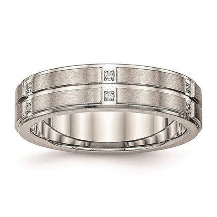 Stainless Steel Brushed and Polished Grooved/Ridged Edge CZ Ring ,