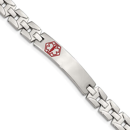 Stainless Steel Brushed & Polished Red Enamel 8in Medical Bracelet ,
