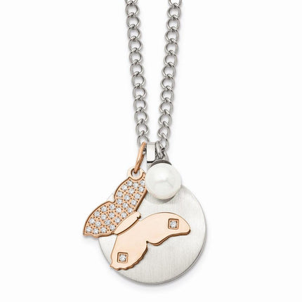 Stainless Steel Brushed & Polished Rose IP CZ Butterfly&FWC Pearl Necklace ,