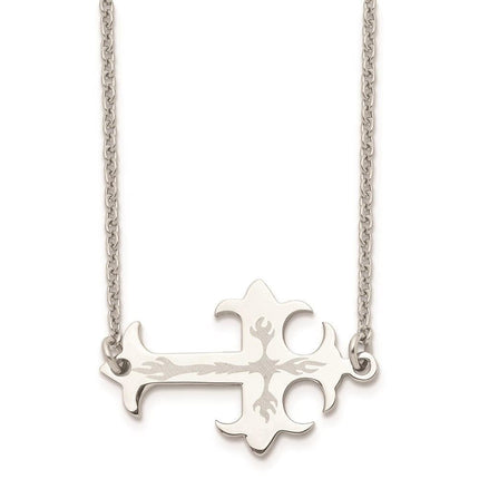 Stainless Steel Brushed & Polished Sideways Cross Necklace ,