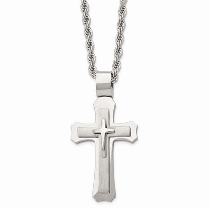 Stainless Steel Brushed and Polished Triple Layer Cross Necklace ,