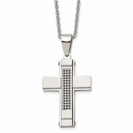 Stainless Steel Brushed and Polished w/ Black CZ Cross Necklace ,