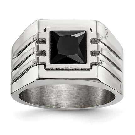 Stainless Steel Brushed and Polished w/ Black CZ Ring ,