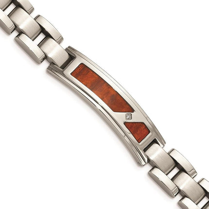 Stainless Steel Brushed & Polished w/ Wood Inlay and CZ Bracelet ,