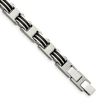 Stainless Steel Brushed & Polished w/Blk Rubber w/.5in ext 7.75in Bracelet ,