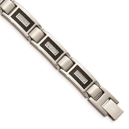 Stainless Steel Brushed & Polished w/CZ Black Carbon Fiber Inlay Bracelet ,