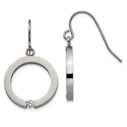 Stainless Steel Brushed and Polished w/CZ Circle Shepherd Hook Earrings ,