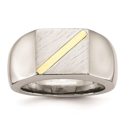 Stainless Steel Brushed and Polished with 14K Gold Stripe Signet Ring ,