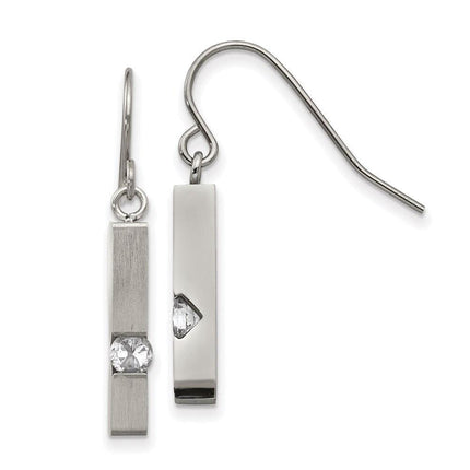 Stainless Steel Brushed and Polished with CZ Shepherd Hook Earrings ,