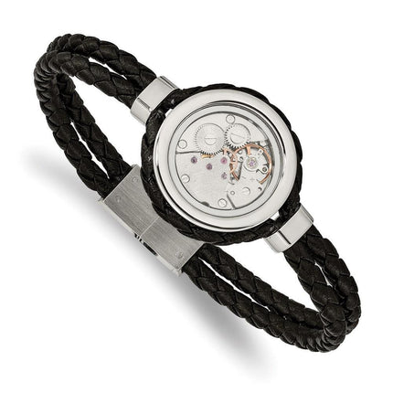 Stainless Steel Brushed & Polished Yellow IP w/CZ & Leather 8.5in Bracelet ,