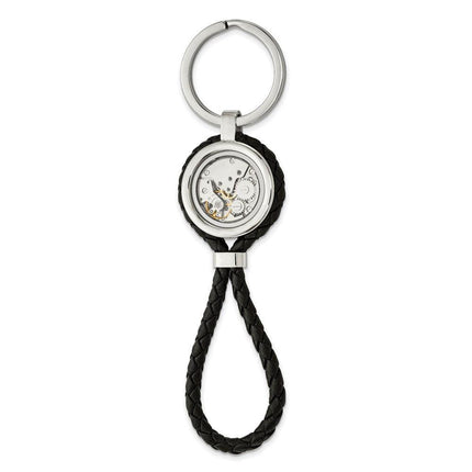 Stainless Steel Brushed & Polished Yellow IP w/CZ & Leather Key Ring ,
