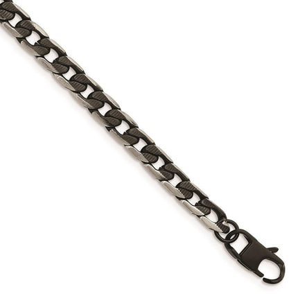 Stainless Steel Brushed & Textured Black IP-plated Curb Chain 8in Bracelet ,