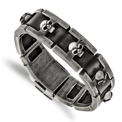 Stainless Steel Brushed Antiqued Skull Black Leather Bracelet ,