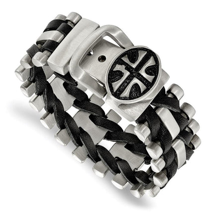 Stainless Steel Brushed Antiqued Textured Adj. Cross Blk Leather Bracelet ,