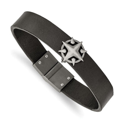 Stainless Steel Brushed Antiqued White Bronze Leather Compass Bracelet ,