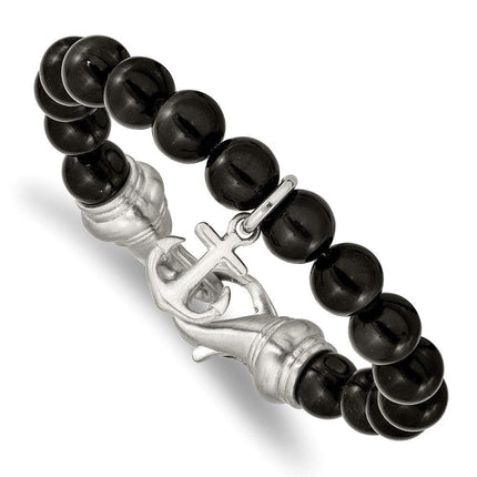 Stainless Steel Brushed Black Agate Beads 8in Anchor Bracelet ,