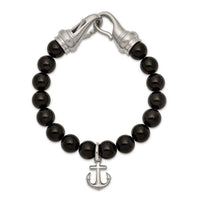 Stainless Steel Brushed Black Agate Beads 8in Anchor Bracelet ,