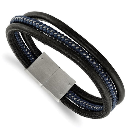Stainless Steel Brushed Black & Blue Braided Leather Multi 8in Bracelet ,